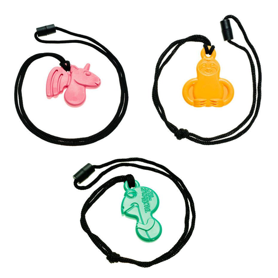 Chew necklace variations in different shapes and textures for sensory chewers