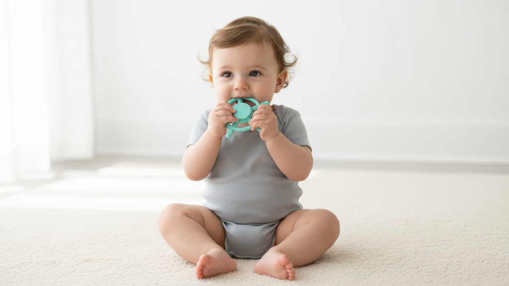 Smiling infant gripping a silicone ring teether during teething
