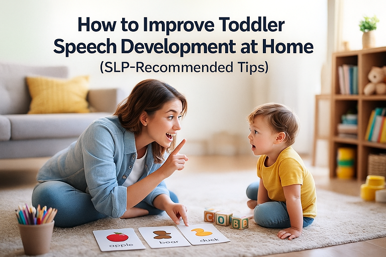 Mother and toddler sitting on the living room floor practicing speech skills with colorful alphabet blocks spelling ‘speech,’ while the mother models sounds and encourages the child during a playful learning activity.